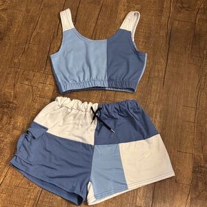 SHEIN Blue and White Color-block Cargo Shorts Set